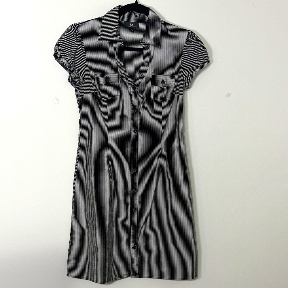 IZ Byer Pinstripe Shirt Dress Puff Sleeve Pockets S Black White Preppy Classic